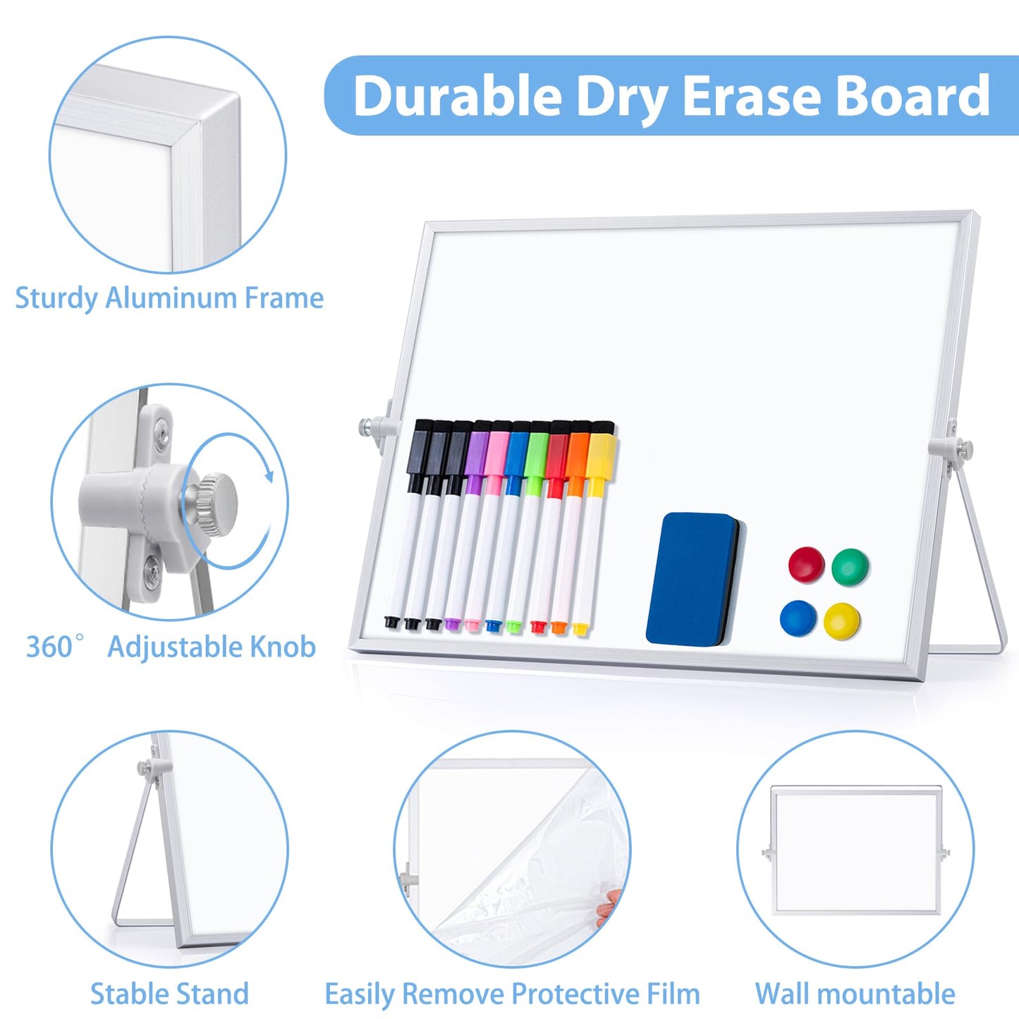 ARCOBIS Dry Erase White Board with Stand, 12" x 16" Weekly Double-Sided Desktop Whiteboard 10 Markers, 4 Magnets, 1 Eraser, Portable Magnetic Dry Erase Calendar for Planning, to Do List, Memo, School