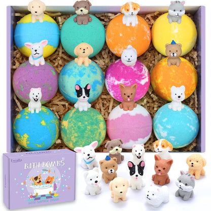 Bath Bombs for Kids with Surprise Toys Inside for Girls Boys - 12 PCs Bubble Bath Fizz Balls Gift Set with Puppy Toy, Gentle and Kids Safe for Easter Eggs Stuffers