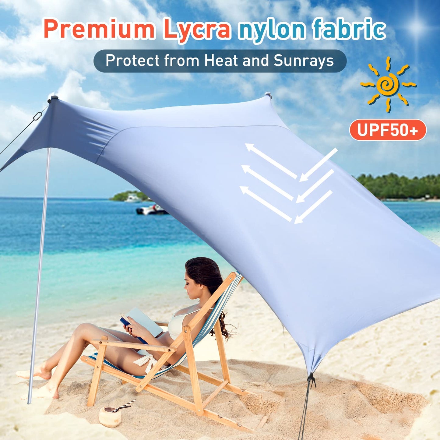 Beach Tents Pop Up 4-5 Person UPF50+, Popup Canopy Shade Camping Sun Shelter Portable with Carrying Bag, Outdoor Sunshade for Trips, Fishing or Grass Picnic (7x7 Ft 2 Pole, Blue)