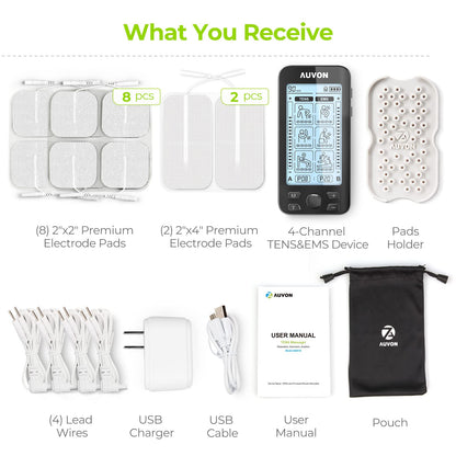 AUVON 4 Outputs TENS Unit EMS Muscle Stimulator Machine for Pain Relief Therapy with 24 Modes Electric Pulse Massager, 2" and 2"x4" Electrodes Pads, Black