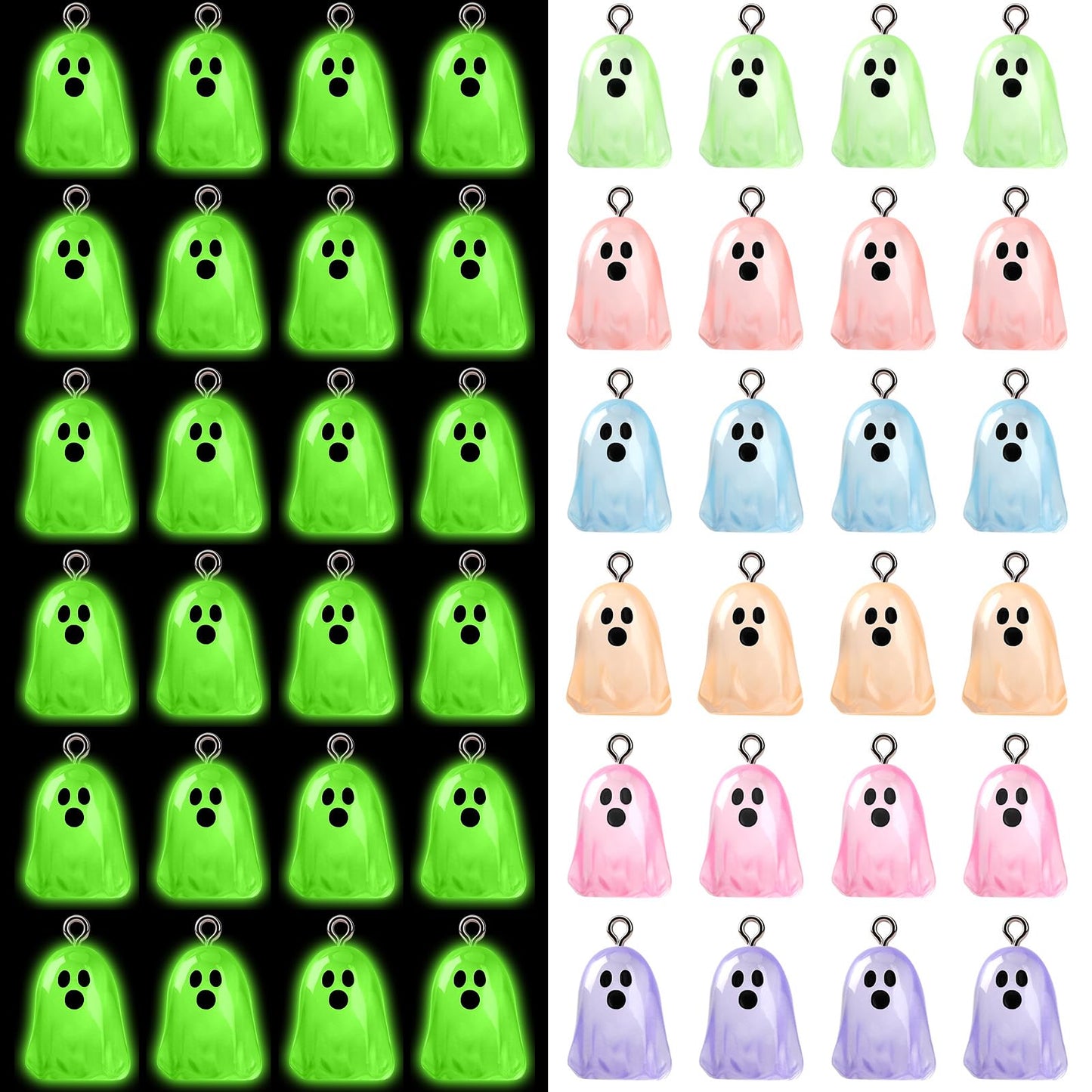 Augshy 64 Pcs Halloween Ghost Charms, Resin Ghost Charms Luminous Ghost Beads Halloween Pendant Bulk Glow in The Dark Ornament for DIY Bracelet Necklace Earrings Jewelry Making Accessories Decorations
