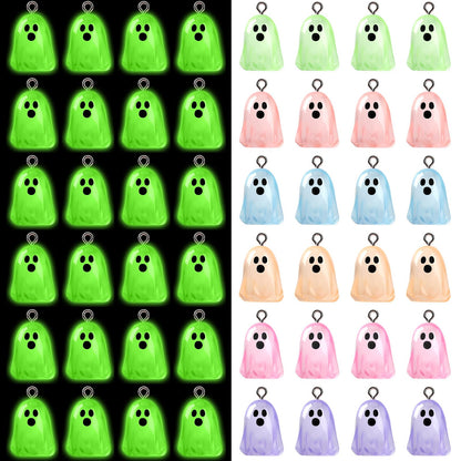 Augshy 64 Pcs Halloween Ghost Charms, Resin Ghost Charms Luminous Ghost Beads Halloween Pendant Bulk Glow in The Dark Ornament for DIY Bracelet Necklace Earrings Jewelry Making Accessories Decorations