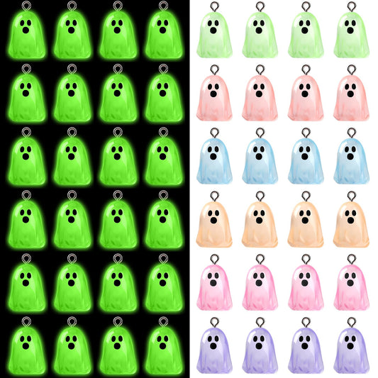 Augshy 64 Pcs Halloween Ghost Charms, Resin Ghost Charms Luminous Ghost Beads Halloween Pendant Bulk Glow in The Dark Ornament for DIY Bracelet Necklace Earrings Jewelry Making Accessories Decorations
