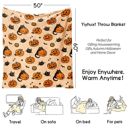 Yiyhuxf Halloween Blanket,Fall Halloween Black Cats Pumpkins Bats Spiders Fleece Blankets, for Women Flannel Throw Blanket for Home Living Room Couch Bed Chair or Dorm Decor 60"x50"