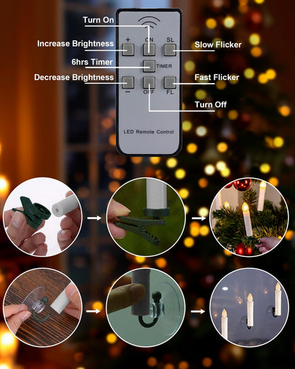 Homemory 10 Pcs Clip On Candles for Christmas Tree with Remote and Timer, Flickering LED Window Candle with Clips/Suction Cups, Warm White Light, Dia 0.7''x H 4''