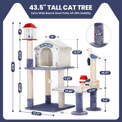 HYABi 43.5-Inch Novelty House Seagull Buoy Collapsible Cat Tree Tower Condo Bed Furniture Plush Ball Toy Fish Platforms Multi-Level with Scratching Posts Play for Indoor Cats