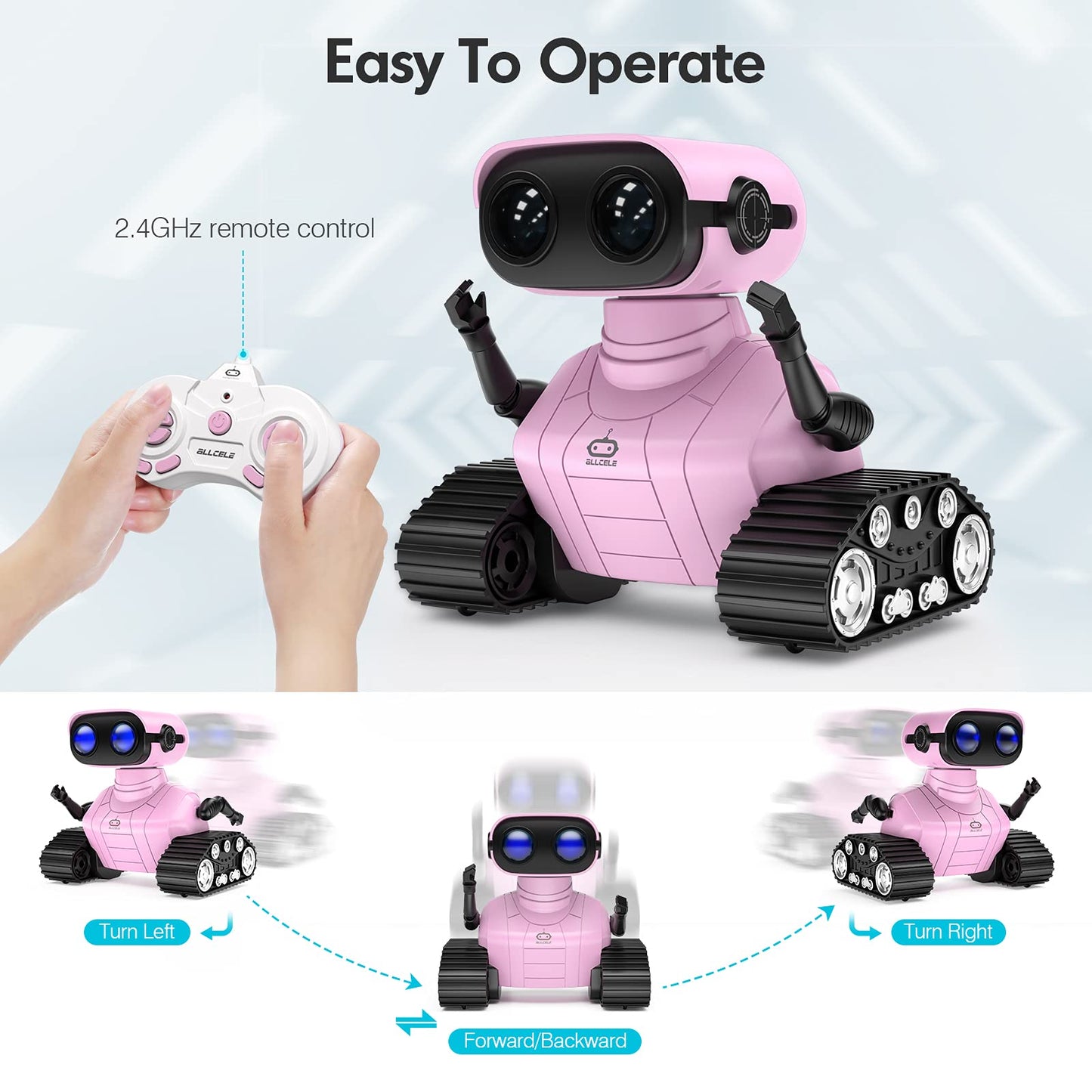 ALLCELE Girls Robot Toy, Rechargeable RC Robot for Kids, Remote Control Toy with Music and LED Eyes, Gift for Children Age 3 Years and Up - Pink