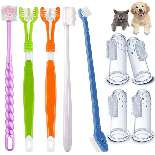 AZOFFYIU Triple Head & Double Head Dog Toothbrush Set, Finger Rubber Toothbrush, Multi-Angle Dental Cleaning Brushes for Cat Oral Health