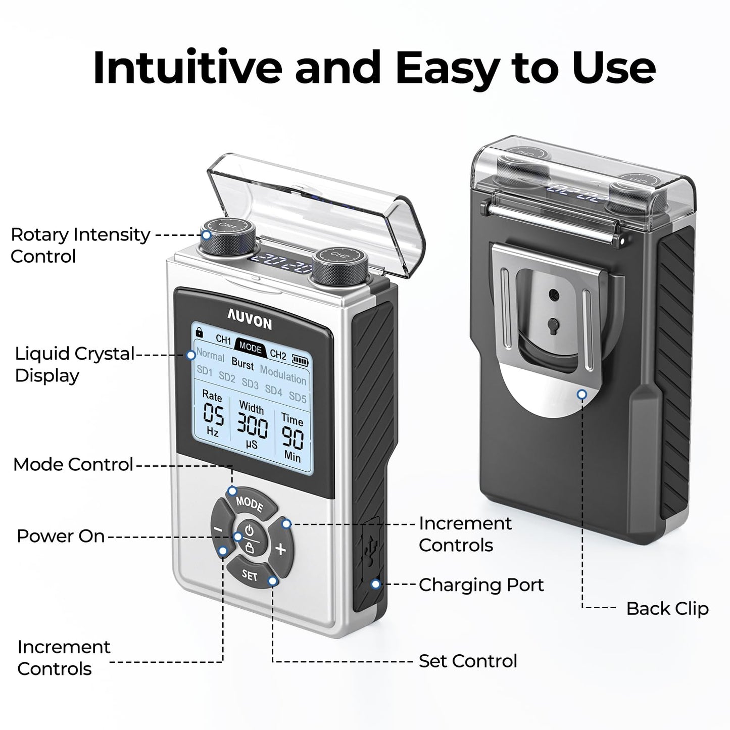 AUVON Rechargeable Digital TENS Unit Muscle Stimulator with 600 mAh Battery, TENS Machine with 8 Customizable Modes, Electric Massager for Shoulder, Back Pain Relief, 6 TENS Pads, A Carry Case