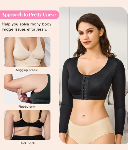 BRABIC Shaper Tops for Women Arm Compression Post Surgery Front Closure Bra Tank Top Shapewear (Black Long Sleeve, Medium)