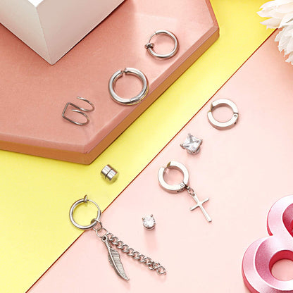 Hicarer 9 Pairs Magnetic Stud Earrings Non Pierced Silver Stainless Steel Feather Dangle Earrings for Women and Men, stainless steel, cubic zirconia