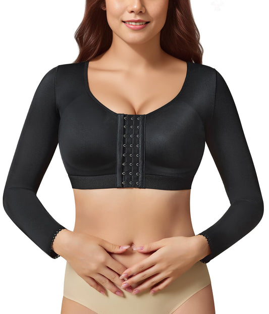 BRABIC Shaper Tops for Women Arm Compression Post Surgery Front Closure Bra Tank Top Shapewear (Black Long Sleeve, Medium)