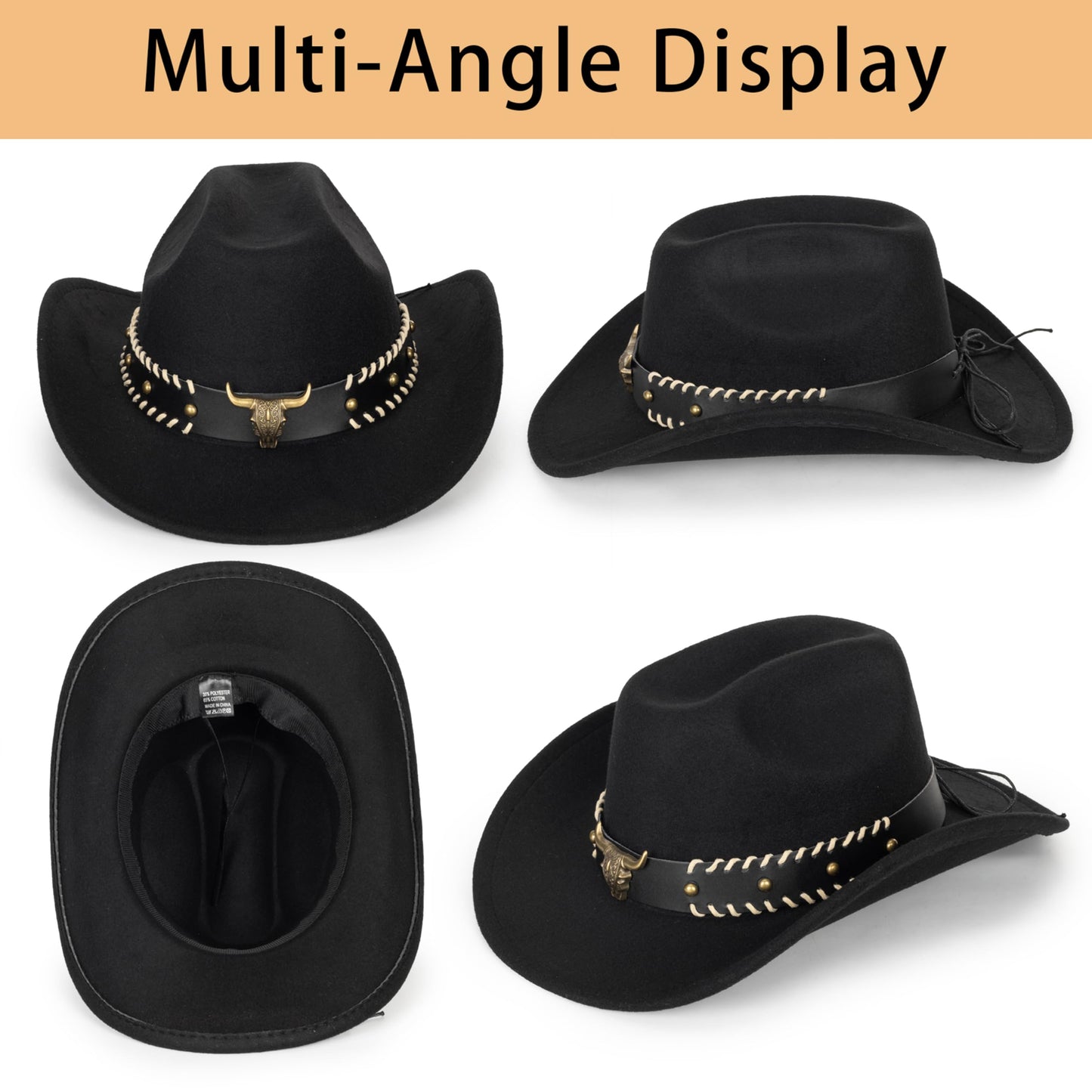 Women & Men Felt Western Cowboy Hat Classic Roll Up Brim Belt Buckle Cowgirl Fedora (M)