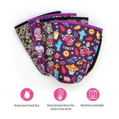 4Pack Reusable Iced Coffee Sleeve Insulator Sleeves for Cold Drinks Beverages, Neoprene Cup Holder for Most Coffee, Fits 30-32oz Large Cups (Sugar Skull with handle)