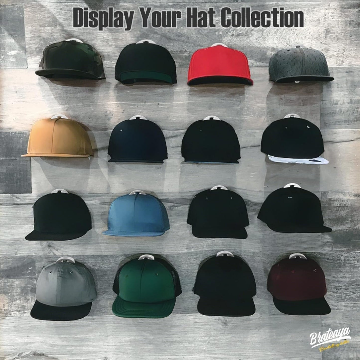 BRATEAYA Baseball Hat Holder for Wall, Adhesive Hat Racks for Baseball Caps, Super Strong Hat Display Hooks, No Drilling Hat Organizer Men Boys Bedroom Accessories, Clear, Pack of 10