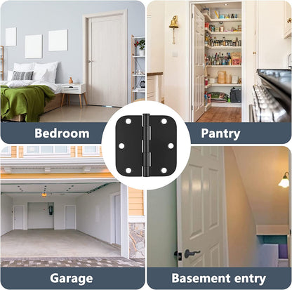 HOSOM Door Hinges 3 Pack Rounded Matte Black Door Hinge 3.5 x 3.5 inch with 5/8 Radius, Black 3 1/2 Interior Door Hinges, 3 ½"x 3 ½" Hardware