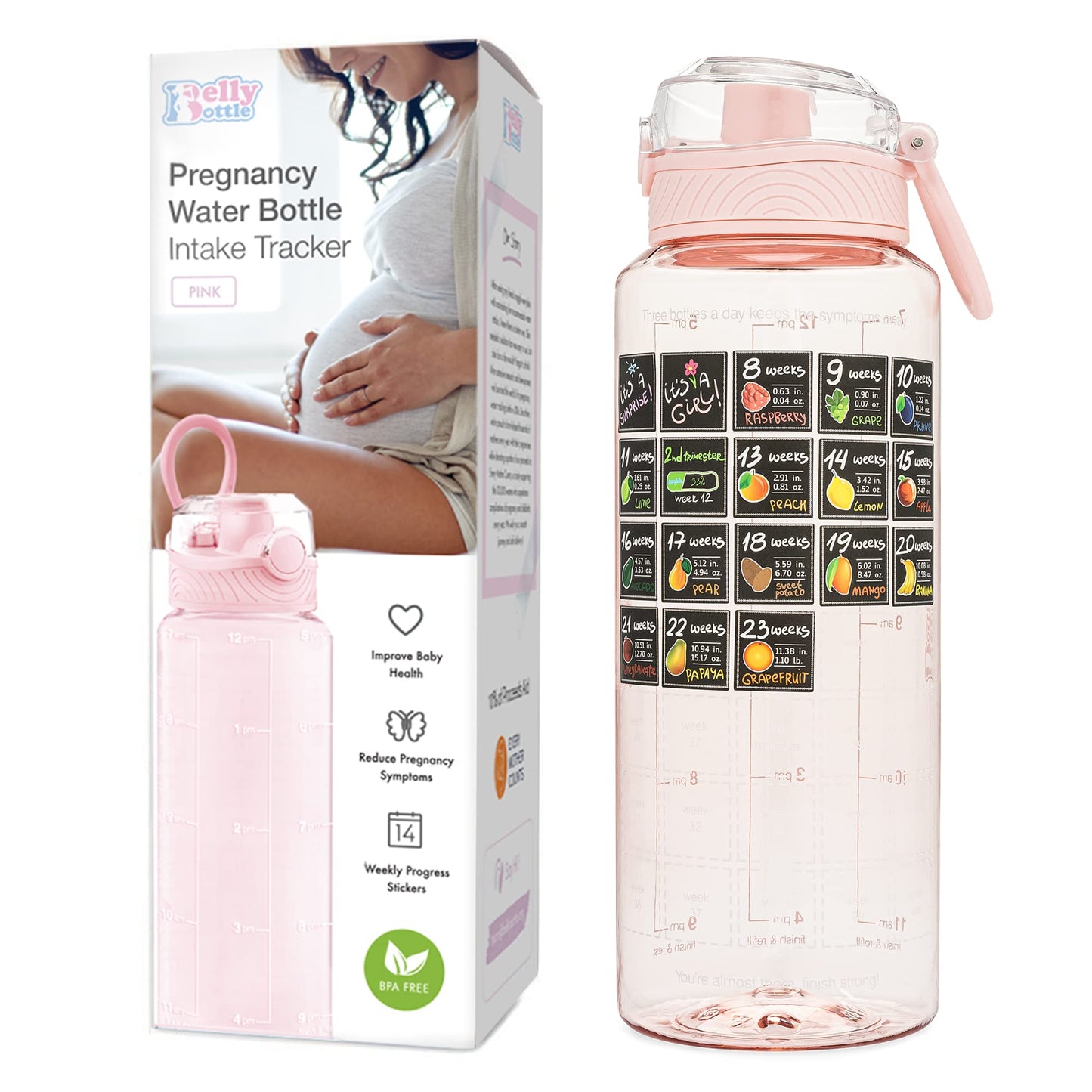 BellyBottle Pregnancy Water Bottle Tracker – Pregnancy Must Haves – Pregnancy Gifts for Expecting Mom – Pregnancy Essentials Nausea Relief – Weekly Stickers + Straw + BPA Free + Pink