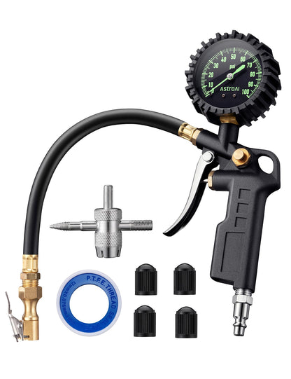 AstroAI Tire Pressure Gauge with Inflator, 100 PSI-ANSI B40.1 Accurate, Large 2.5" Easy Read Glow Dial, Heavy Duty Air Chuck and Compressor Accessories with Rubber Hose and Quick Connect Coupler