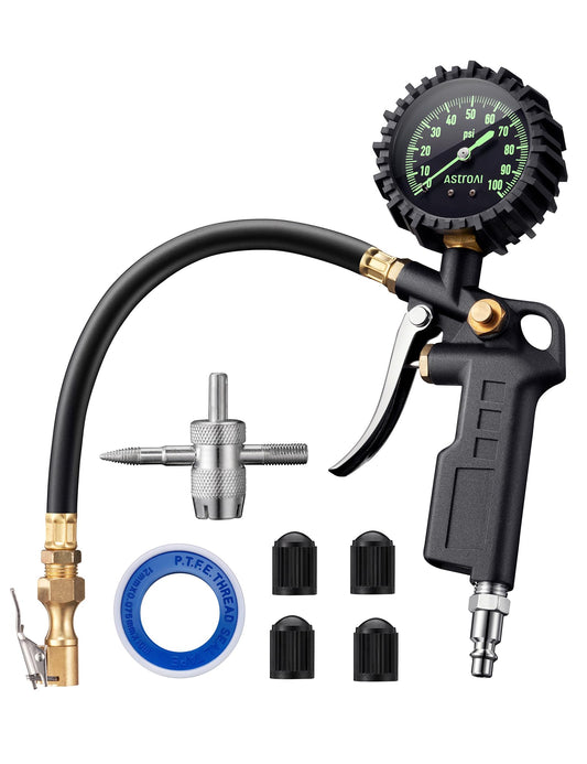 AstroAI Tire Pressure Gauge with Inflator, 100 PSI-ANSI B40.1 Accurate, Large 2.5" Easy Read Glow Dial, Heavy Duty Air Chuck and Compressor Accessories with Rubber Hose and Quick Connect Coupler