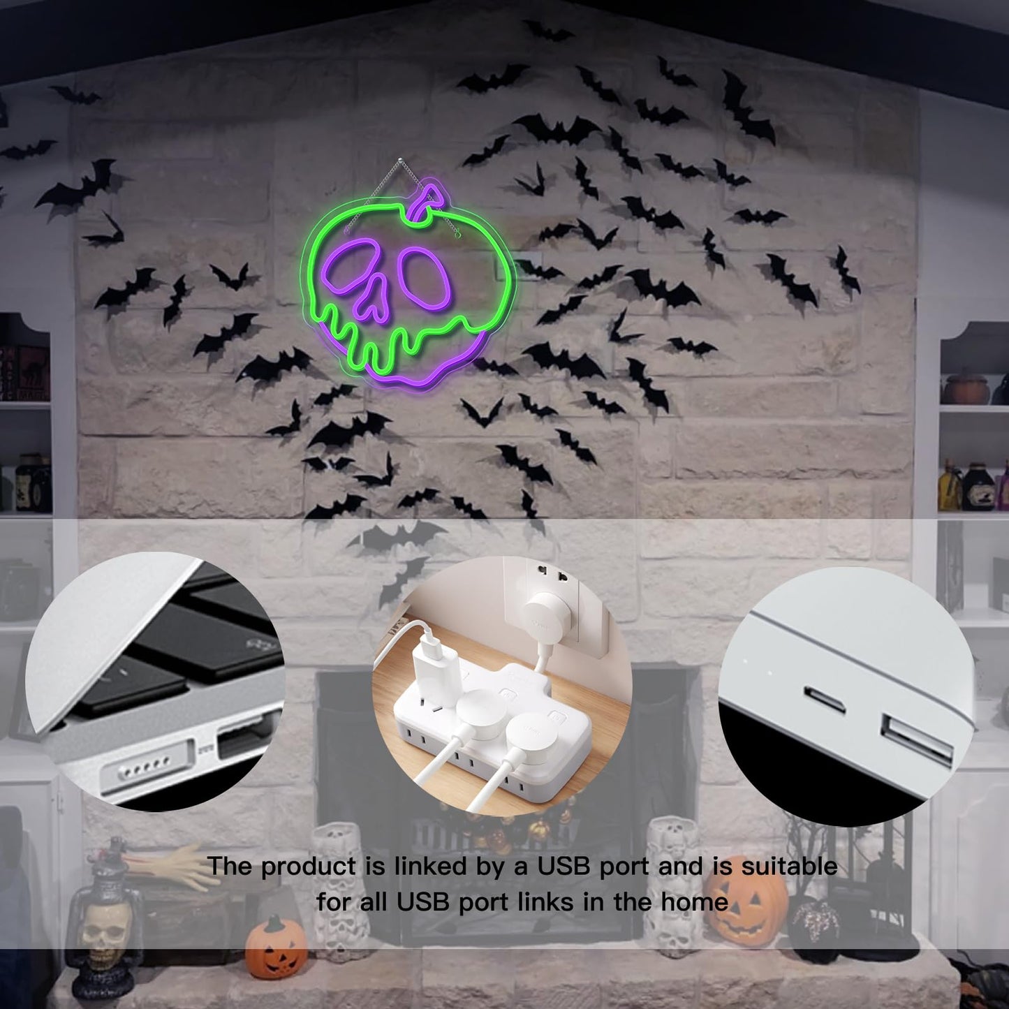 WLHOPE Halloween Neon Sign - Dimmable Skull Apple Wall Decor Light, USB Connectivity for Bedroom, Bar, Shops, Party Decoration