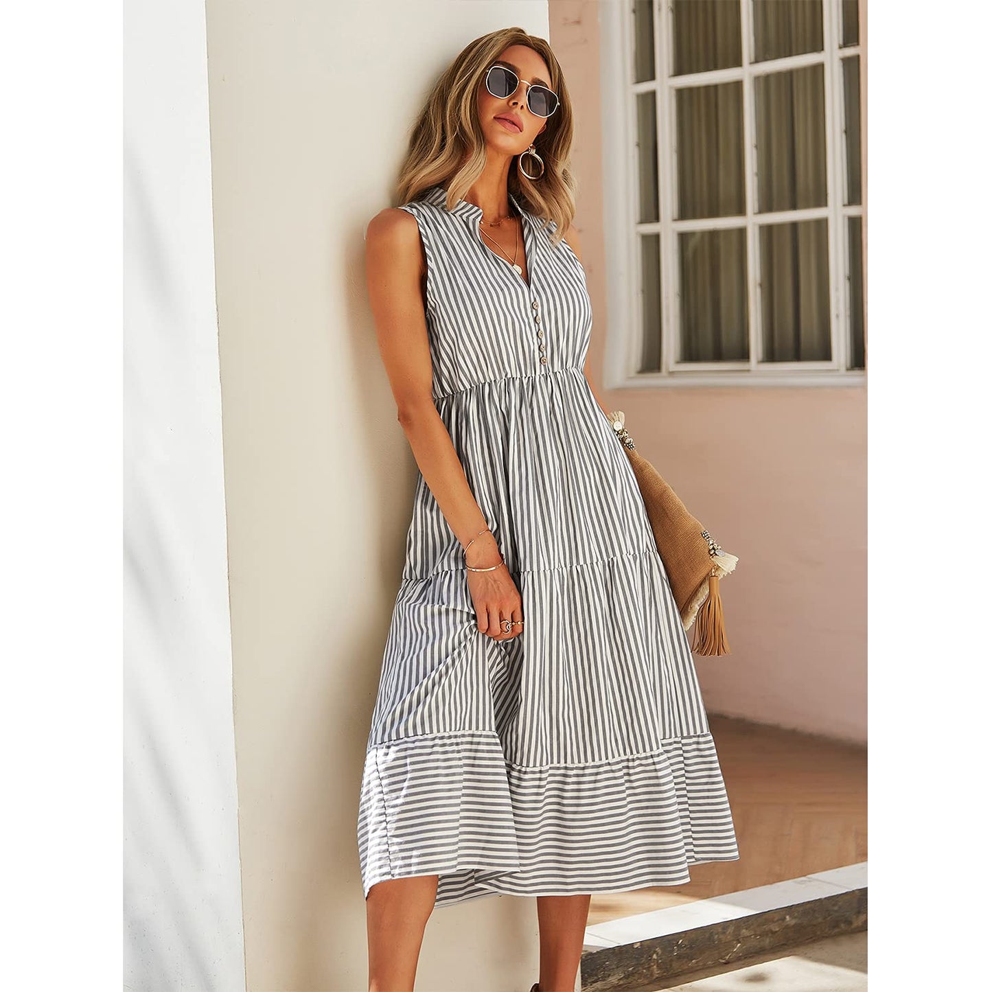 BROVAVE Womens 2025 Summer Sleeveless Shirt Dress Collar Striped V Neck Casual Midi Dresses(Gray, S)