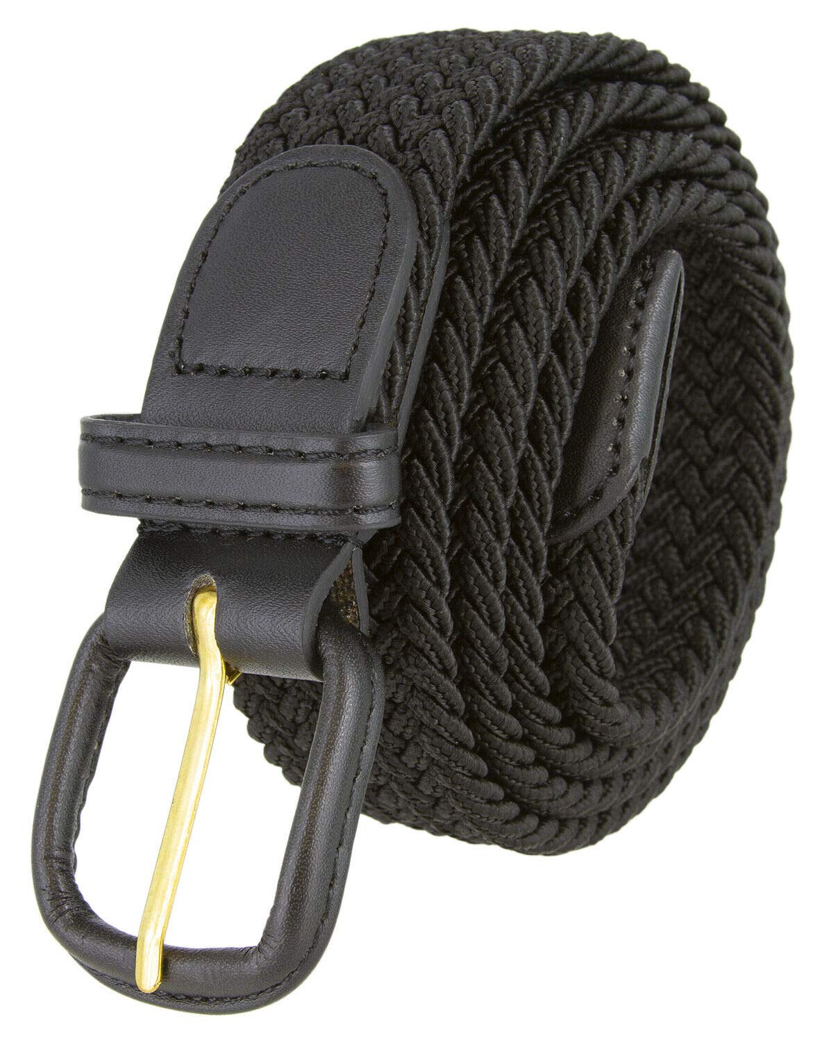 Belts.com Leather Covered Buckle Woven Elastic Stretch Belt, Black, (M(34-36")