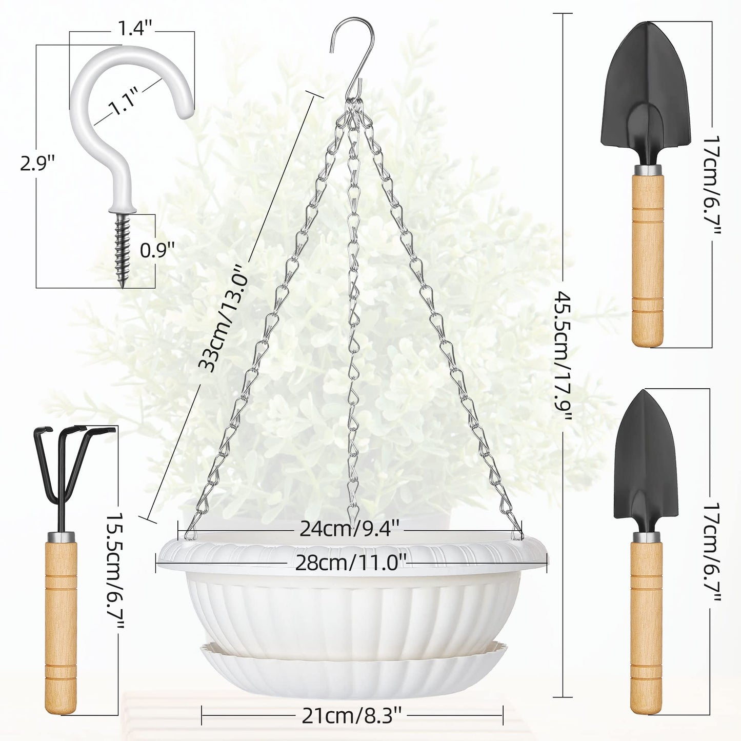 Hanging Planters, 5 Pcs 11" Hanging Pots, White Hanging Flower Pots, Hanging Plant Pots Baskets for Plants with Drainage Trays, Hanging Chains and Ceiling Hooks, Come with Free Garden Tools Set