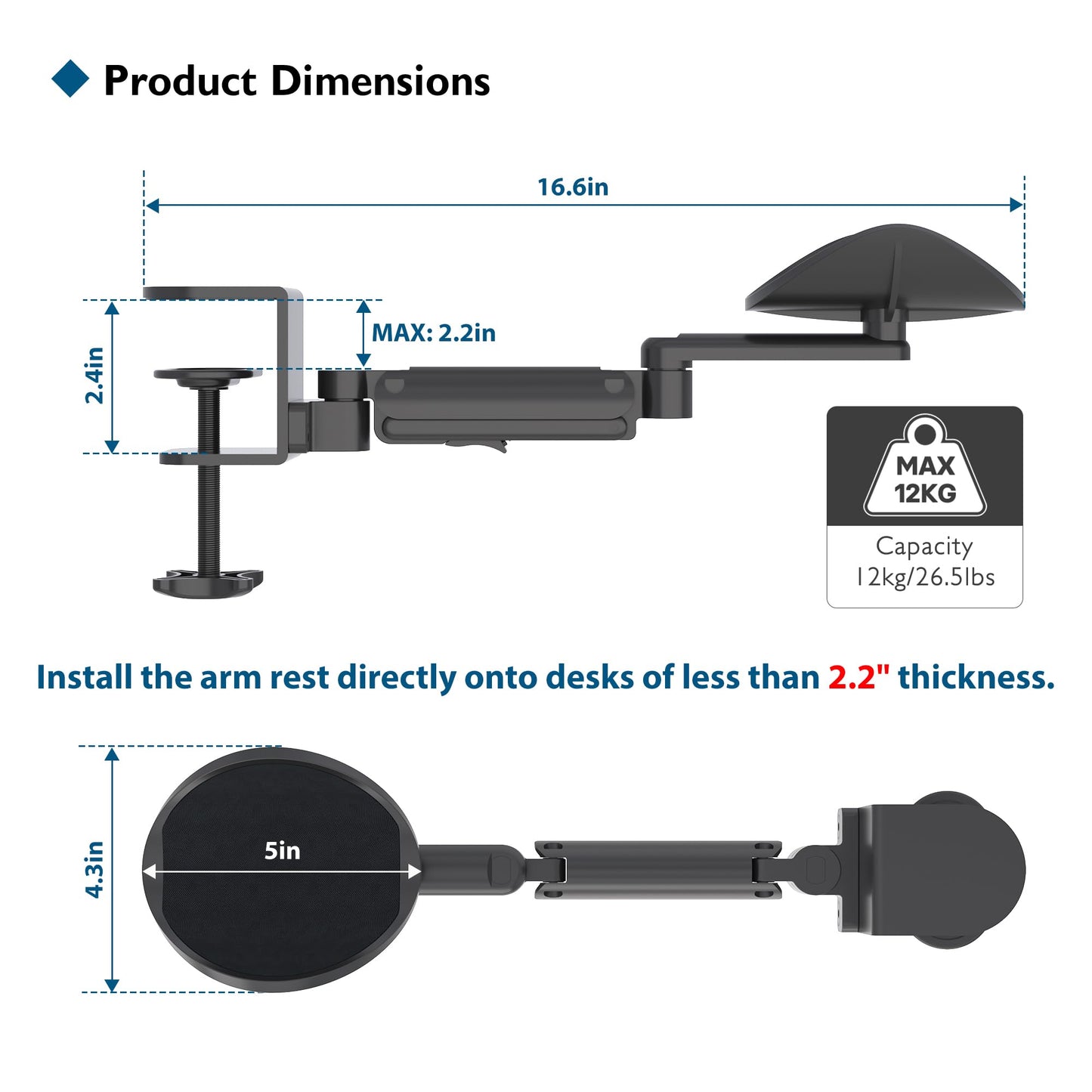 BONTEC Adjustable Arm Rest for Desk, Ergonomic Elbow Rest Pad, 360° Rotating & Extendable Desk Arm Support, Durable Aluminum, Keyboard & Computer Arm Rest Pad, Office & Gaming Desk Accessories