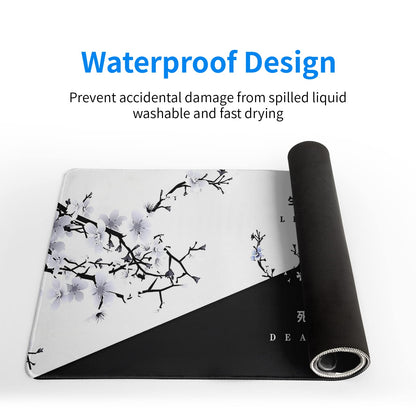 Black and White Japanese Cherry Blossom Gaming Mouse Pad Sakura Death Life Flower Mat 31.5x11.8 Inch Texture Non-Slip Rubber Base Mousepad Stitched Edges Keyboard Desk Pad for Office Home Game