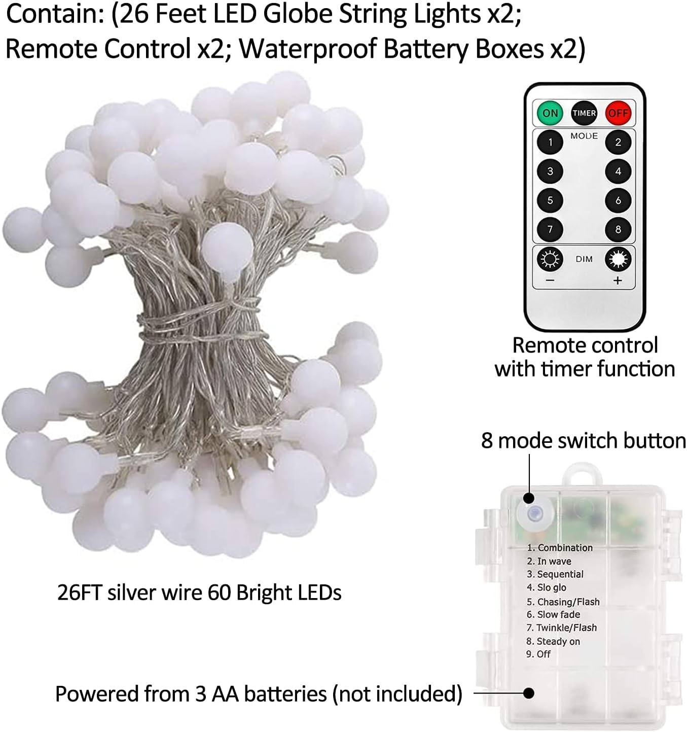 Battery Operated LED Globe String Lights, 2-Pack Total 52FT 120LEDs - Each 26FT 60LEDs 8 Mode Waterproof Christmas Fairy String Lights with Remote for Home Bedroom Garden Wedding Party Decoration