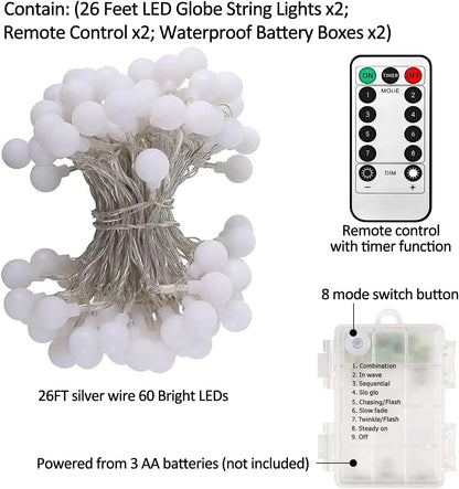 Battery Operated LED Globe String Lights, 2-Pack Total 52FT 120LEDs - Each 26FT 60LEDs 8 Mode Waterproof Christmas Fairy String Lights with Remote for Home Bedroom Garden Wedding Party Decoration