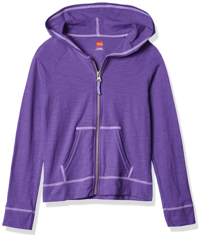 Hanes Girls Slub Jersey Full Zip Jacket Shirt, Purple Crush, Large US