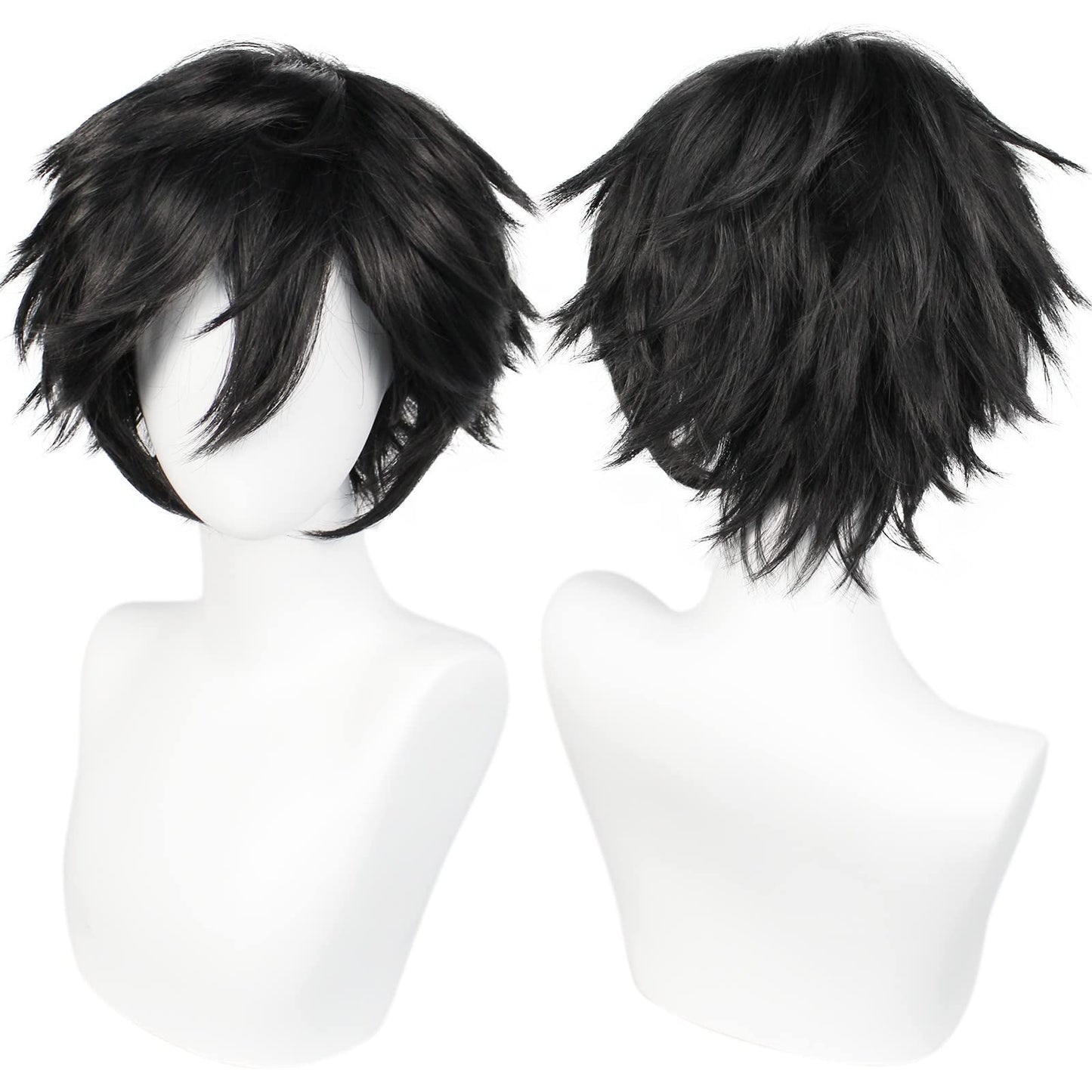 ANOGOL Hair Cap+ Short Black Wig for Men Short Black Men's Wigs for Cosplay Black Anime Cosplay Wig Layered Black Party Wigs with Bangs for Halloween Costume Christmas Peluca Negra Synthetic Hair