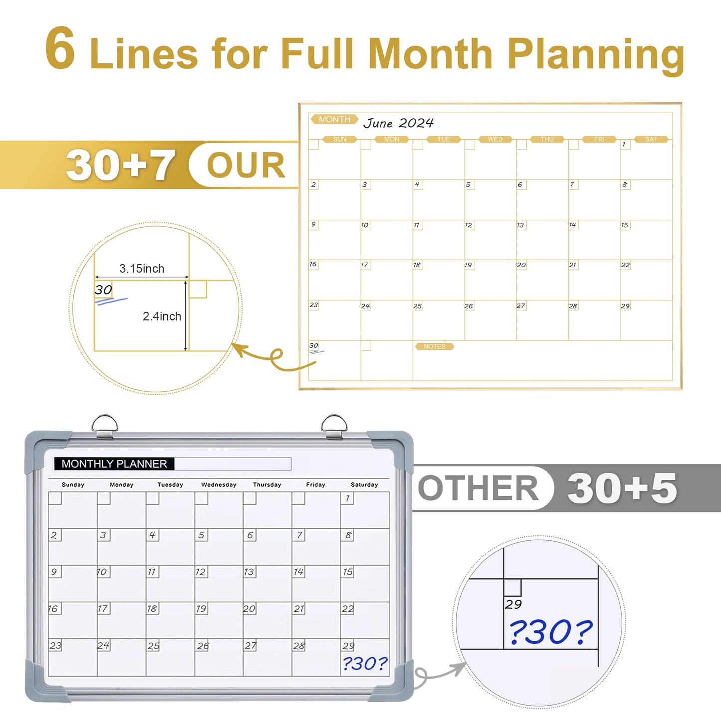ARCOBIS Monthly Calendar Whiteboard for Wall, 24" x 18" Magnetic Dry Erase Calendar with Gold Frame, Wall Hanging Planner for Home, Office, School