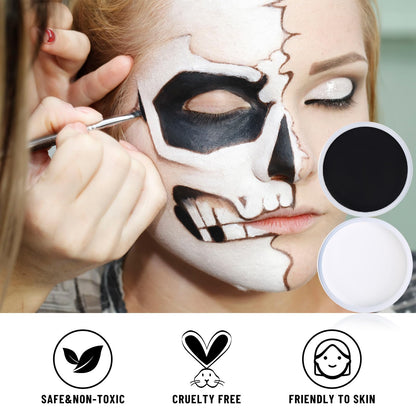 BOBISUKA Black & White Face Body Paint + Setting Powder + 3PCS Artist Brushes Face Painting Kit for Adult Large Capacity Professional Oil Based Cream Paints Palette For Halloween Clown Skeleton Vampir