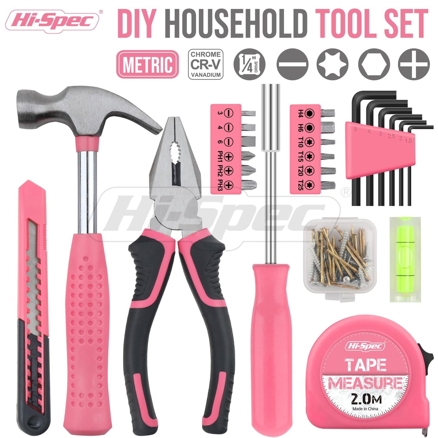 Hi-Spec Tool Set 25pc Pink Household DIY Tool Kit for Women. Small Mini Tool Box Set of Starter Basic Ladies Tools
