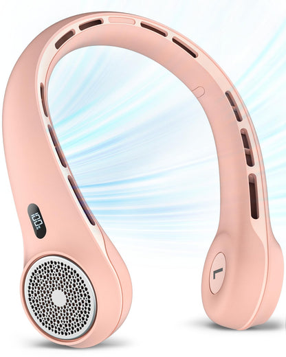 Hssio Portable Neck Fan with 4000mAh Rechargeable Battery & LED Display, Personal Cooler for Women/Men, 3-Speed Bladeless 360° Cooling Fans, Stylish Gift for Gym/Travel/Office, Pink