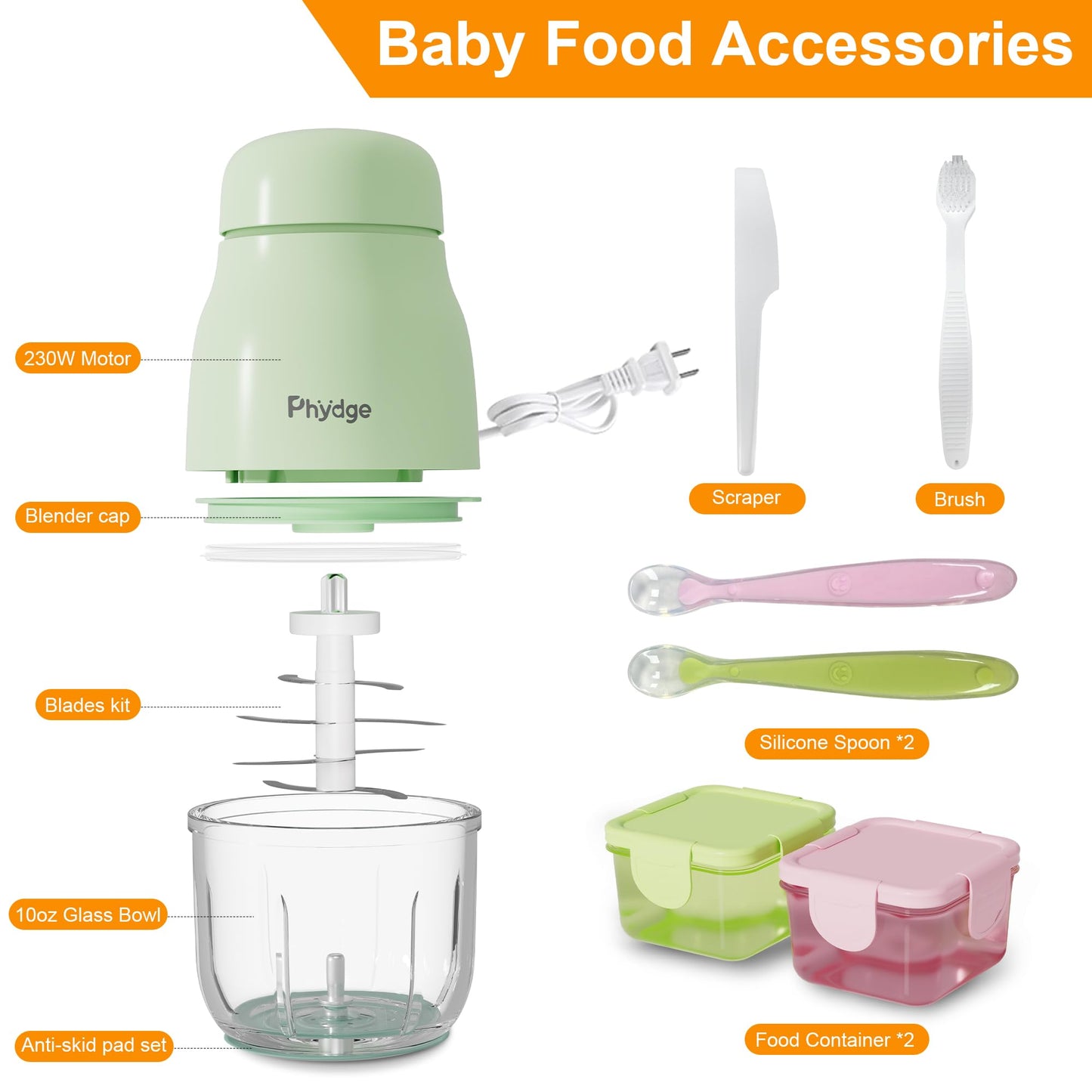 Baby Food Maker-Upgrade, Phydge Baby Food Blender with Baby Food Containers, Silicone Spoons, Easy to Clean, 10oz Baby Food Processor for Fruit, Vegetable, Meat