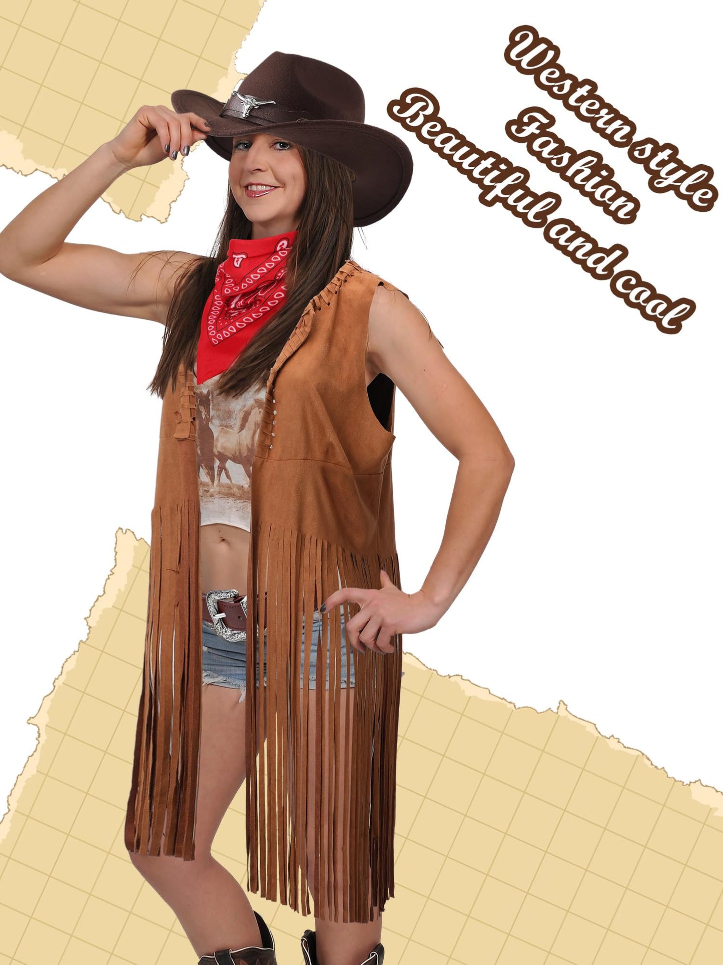 Hercicy Western Outfits for Women Cowgirl Tassel Sleeveless Vest Cowboy Hat Belt and Paisley Bandana for Halloween Dress Up (Brown,XL)