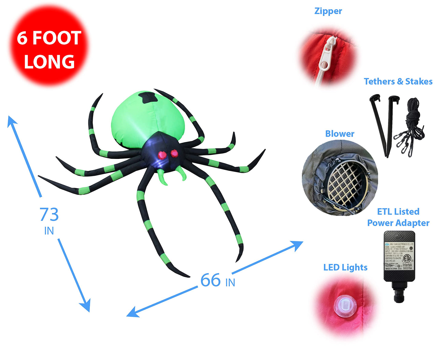 6 Foot Long Halloween Inflatable Black Green Spider LED Lights Decor Outdoor Indoor Holiday Decorations, Blow up Lighted Yard Decor, Giant Lawn Inflatables Home Family Outside