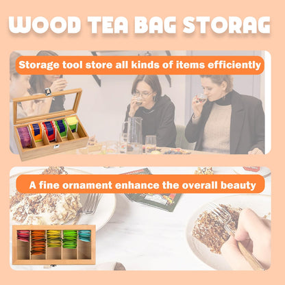 Bamboo Tea Bag Organizer Storage Box, 5 Compartments Bamboo Tea Box, Teabag Box Organizer with Clear Lid, Teabox Station Display, Portable Tea Bag Holder for Home Office Spices