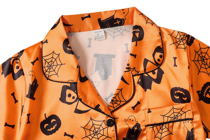 YIJIU Womens Halloween Satin Silky Pajama Sets Short Sleeve Sleepwear Button Down Loungewear 2 Piece Pjs Shorts Set,Halloween Orange,XS