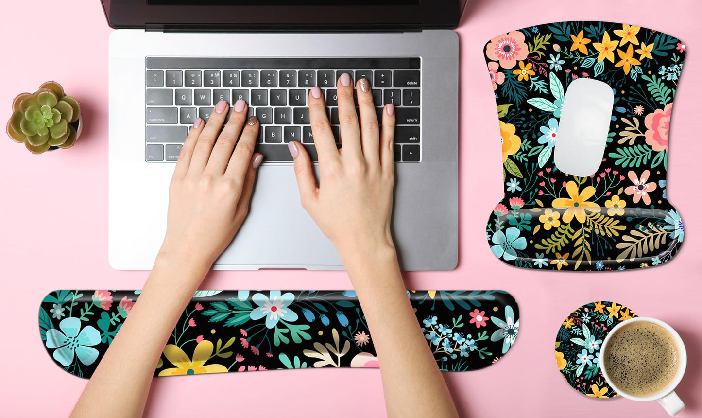 3 in 1 Ergonomic Mouse Pad with Wrist Rest and Keyboard Wrist Support Set with Coaster, Cute Wrist Pad with Non-Slip Rubber Base and Raised Memory Foam, Easy Typing & Pain Relief, Weeds Flower