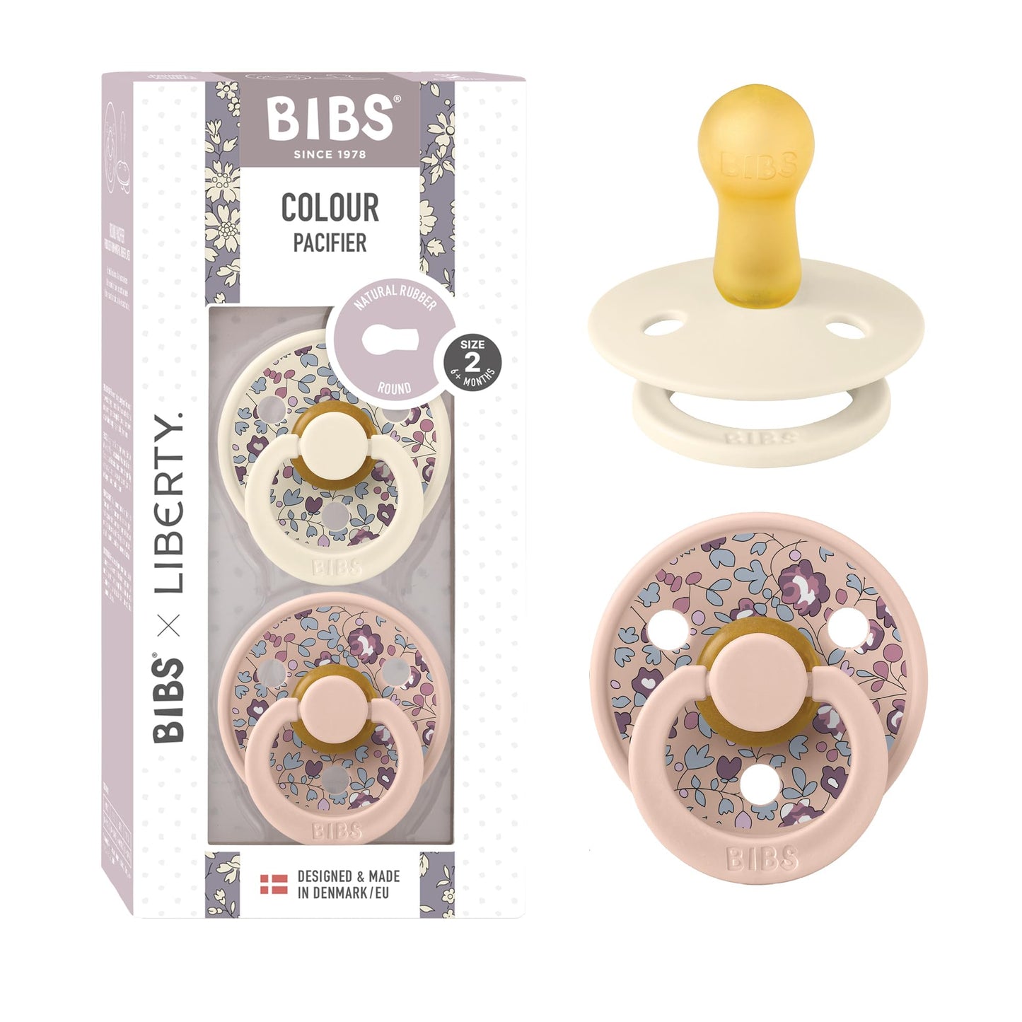 BIBS Colour Liberty Soother 2-Pack, BPA Free Dummy Pacifier, Round Nipple. Natural Rubber Latex, Made in Denmark, Size 2 (6-18 Months), Eloise Blush