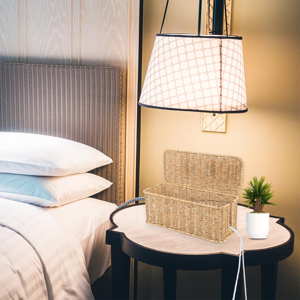 Cable Management Box, Handmade Rattan Cable Organizer, 2 Open Slots Cords Hider Box, Under Desk Cord Organizer for Computer Router USB Hub & Power Strip, Patent Pending, 13" x 5.1" x 5.1", Natural