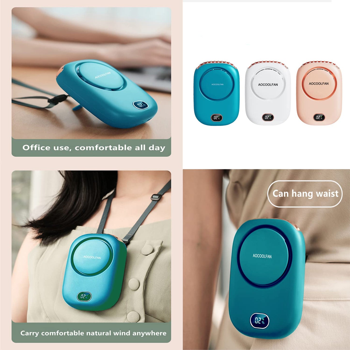 AOCOOLFAN Portable Neck Fan, Mini Small Personal Handheld Fan USB Rechargeable 3 Speed for Girls Boys Woman Eyelash Travel Home Office Outdoor (Blue)