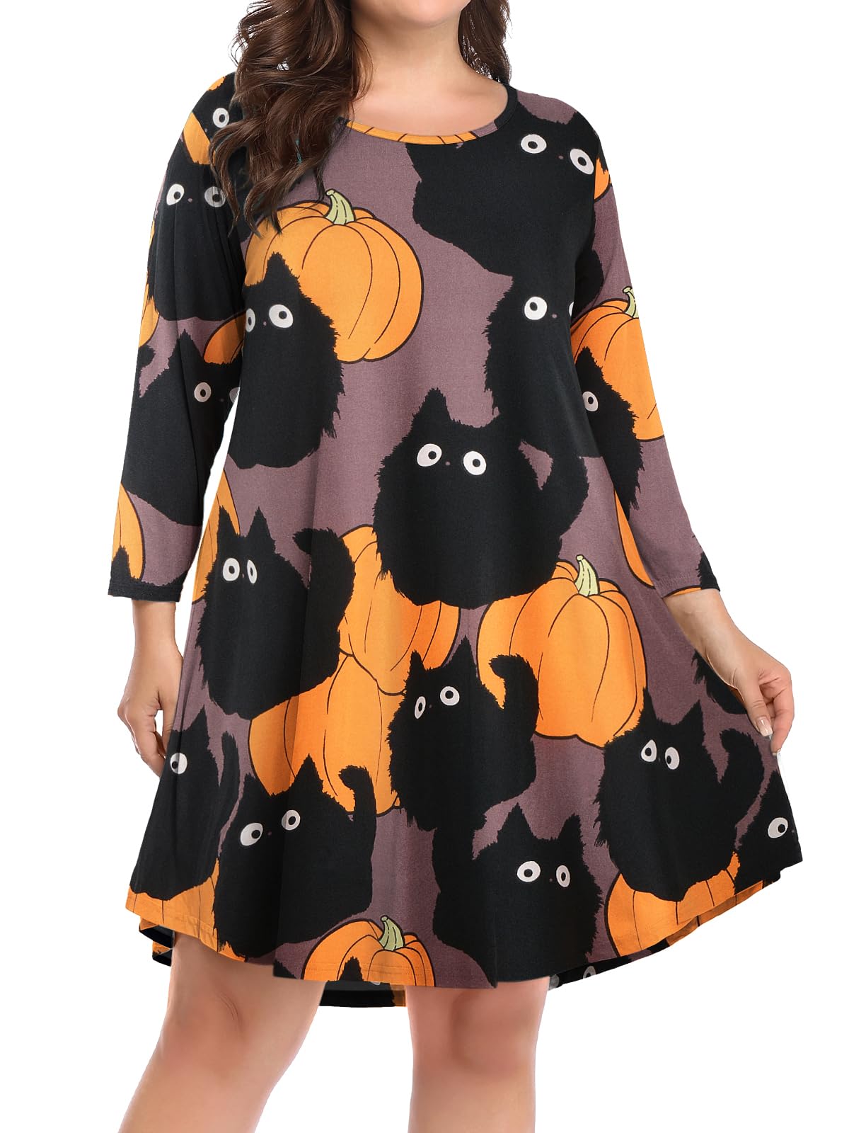 BELAROI Womens Plus Size Halloween Dress Casual Swing 3/4 Sleeve Scoop Neck T Shirt Loose Tunic Dresses Pumpkin, Black Cat Pattern Print with Pockets (1X, Flower91)