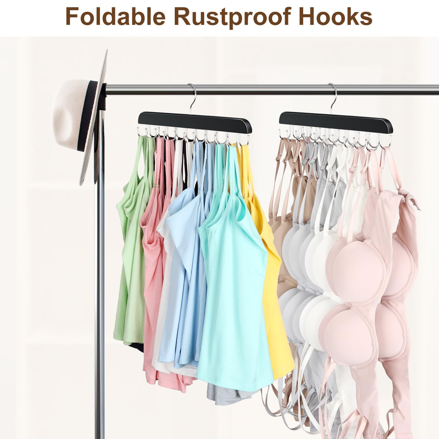 Bra Hanger for Closet, Tank Top Organizer 20 Hooks Capacity Foldable Wood Space Saving Hanger Closet Organizers and Storage for Dorm & Apartment for Tank Top, Hats, Scarf etc.