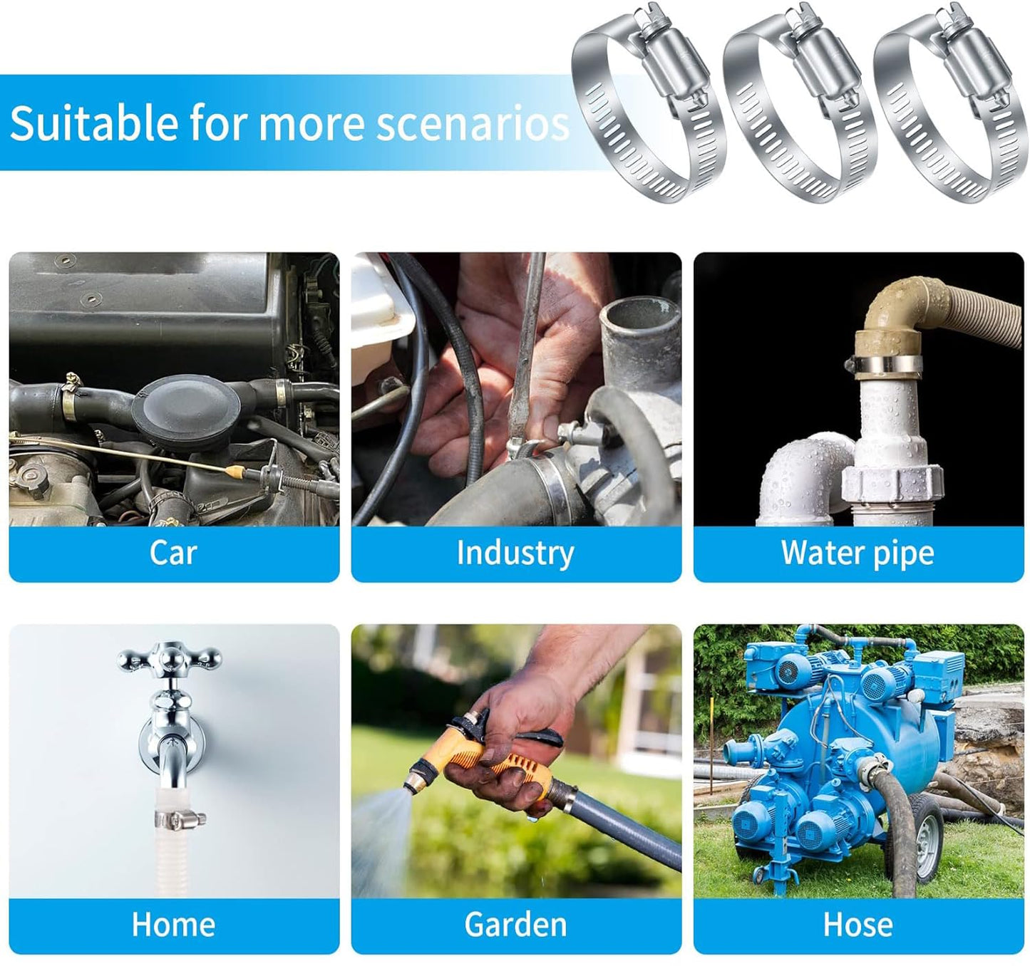 20Pcs Adjustable Stainless Steel Hose Clamps Assortment Kit, 1/4-2 in (6-51mm) Worm Gear Pipe, Fuel LineHeavy Duty for Plumbing, Washing Machine, Mechanical，Garden and Automotive Hose Connections