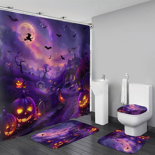 AZHM Halloween Shower Curtain, Castle Pumpkin Party Theme Shower Curtain with Rug, Witch Bat Graveyard Scary Bathroom Decor Set